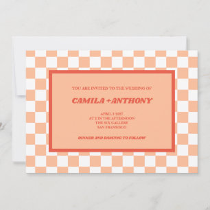 Peach Fuzz Red Chequered Gingham Pattern Wedding Invitation