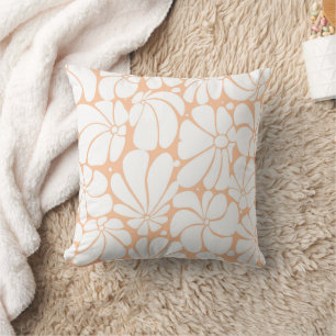 Peach Fuzz Retro 70s White Flower Graphic Design Throw Pillow