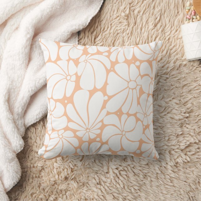 Peach Fuzz Retro 70s White Flower Graphic Design Throw Pillow (Blanket)