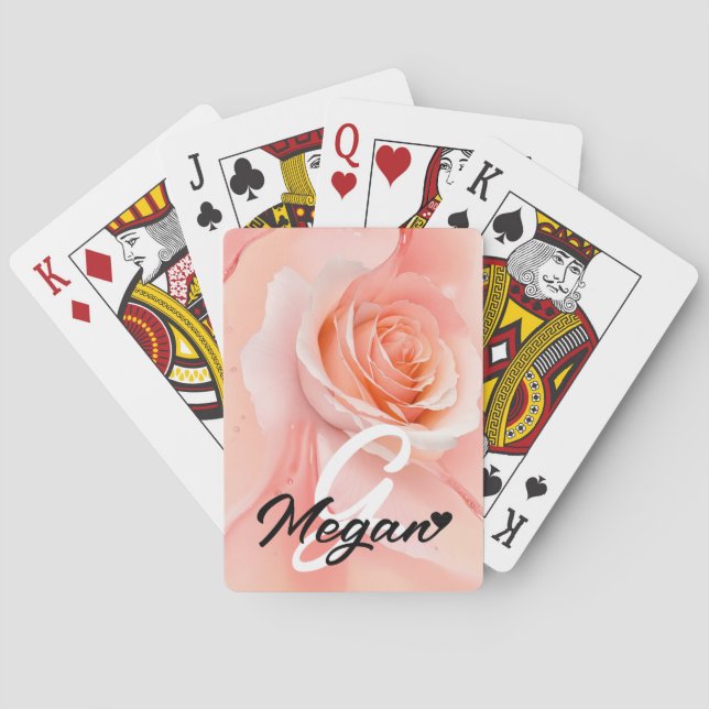 Peach Fuzz Rose Background Monogram Name Heart Playing Cards (Back)