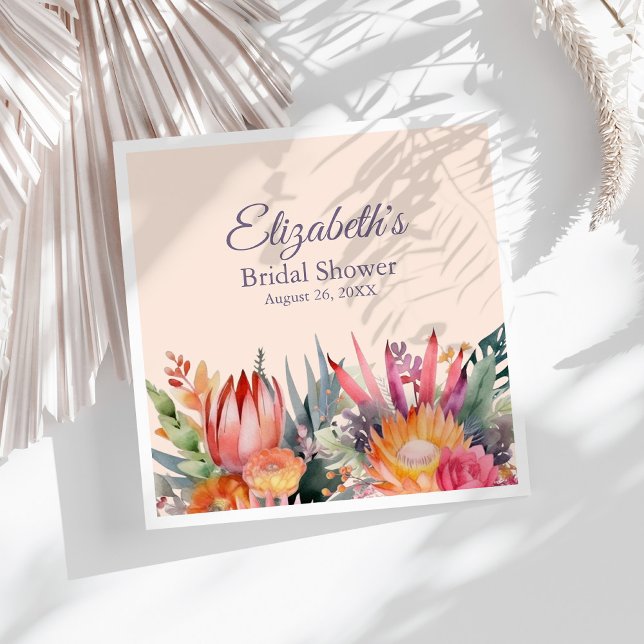 Peach Fuzz Tropical Flowers Bridal Shower Napkin (Peach Fuzz Tropical Flowers Bridal Shower Napkins on a sunny white table with dry palm leaf.)
