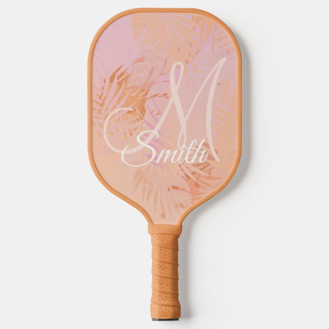 Peach Fuzz Tropical Leaves Personalized Gift Pickleball Paddle (Front)