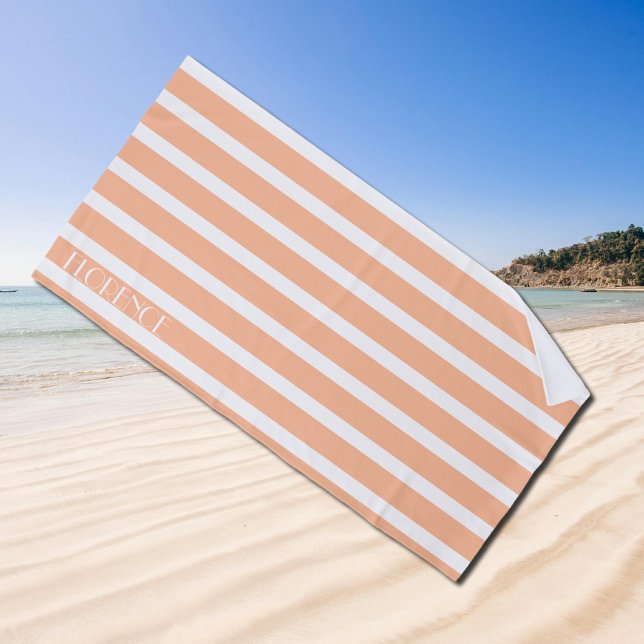 peach fuzz & white  cabana stripes  personalized beach towel (Creator Uploaded)