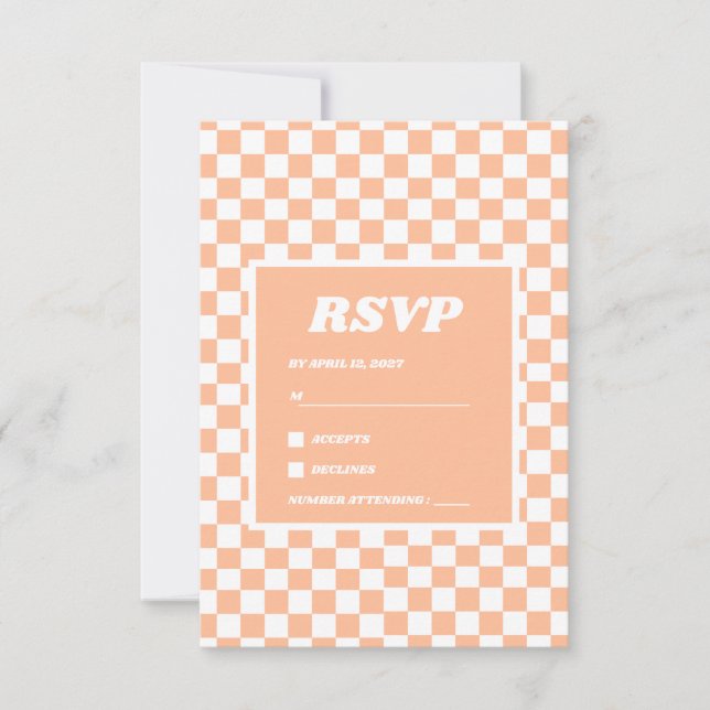 Peach Fuzz White Chequered Gingham Pattern RSVP Card (Front)