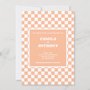 Peach Fuzz White Chequered Gingham Pattern Wedding Invitation