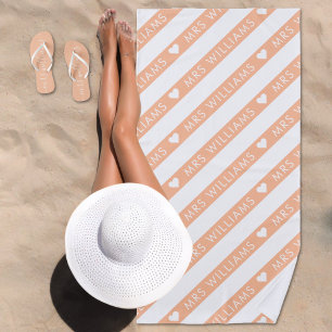 Peach Fuzz White Striped Pattern Mrs Bride Wedding Beach Towel