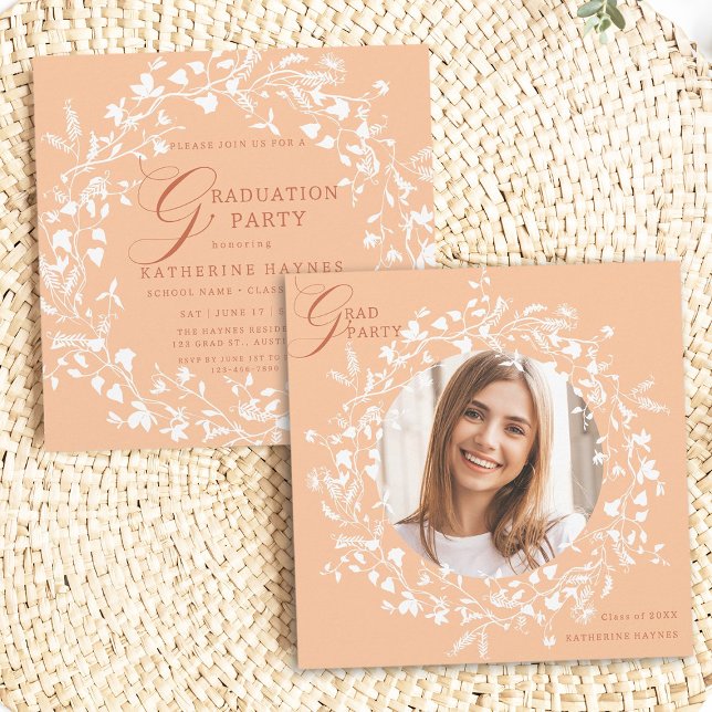 Peach Fuzz White Wildflower Wreath Graduation Invitation (Front & Back)