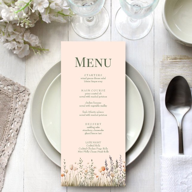 Peach Fuzz Wildflower Meadow Wedding Menu (Peach Fuzz Wildflower Meadow Wedding Menu on an elegant white wedding table.)