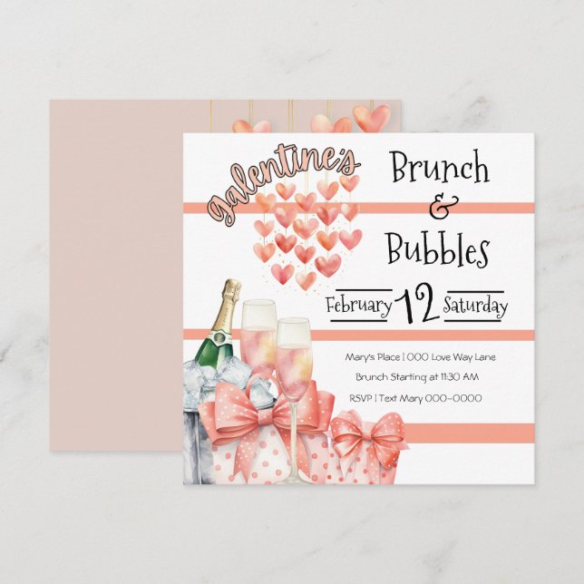 Peach Galentine's Brunch and Bubbles Invitation (Front/Back)