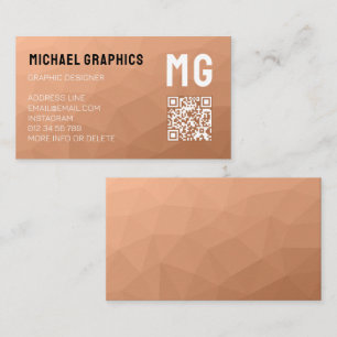 Peach geometric mesh pattern QR code Monogram Business Card