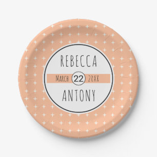 Peach geometric pattern, typography banner wedding paper plate