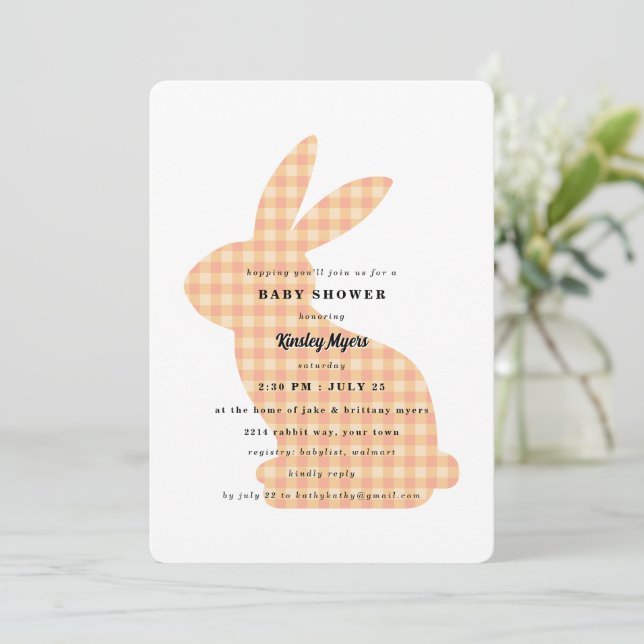 Peach Gingham Bunny Baby Shower Invitation (Standing Front)