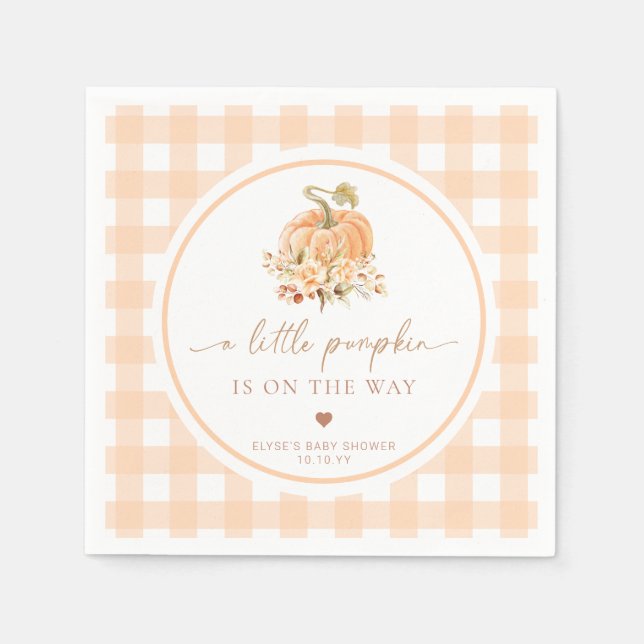 Peach Gingham Fall A Little Pumpkin Is On The Way Napkin (Front)