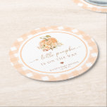 Peach Gingham Fall A Little Pumpkin Is On The Way Round Paper Coaster<br><div class="desc">These coasters feature a timeless gingham with a watercolour pumpkin and autumnal florals. The script heading is an image that cannot be edited. All of the other text is fully editable. For more advanced customization of this design,  simply select the "Customize It" button above.</div>
