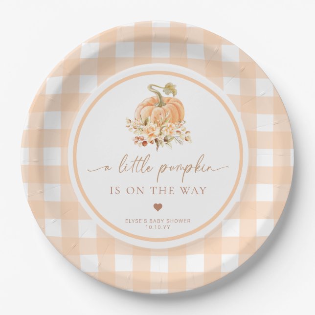 Peach Gingham Fall Pumpkin Pop It When She Pops Paper Plate (Front)