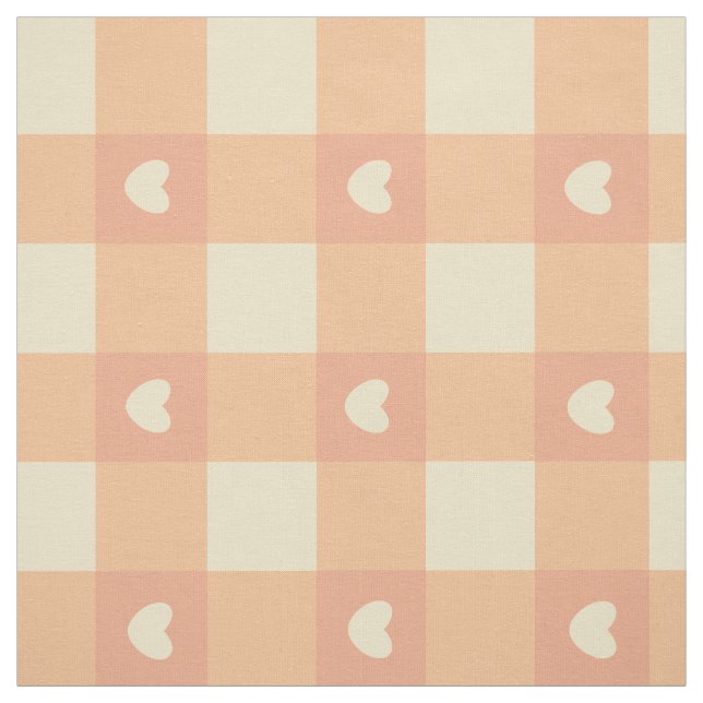 Peach Gingham Heart Pattern, Cute Kawaii Checked Fabric (Swatch)