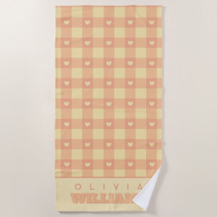 Peach Gingham Heart Pattern, Cute Kawaii Checkered Beach Towel