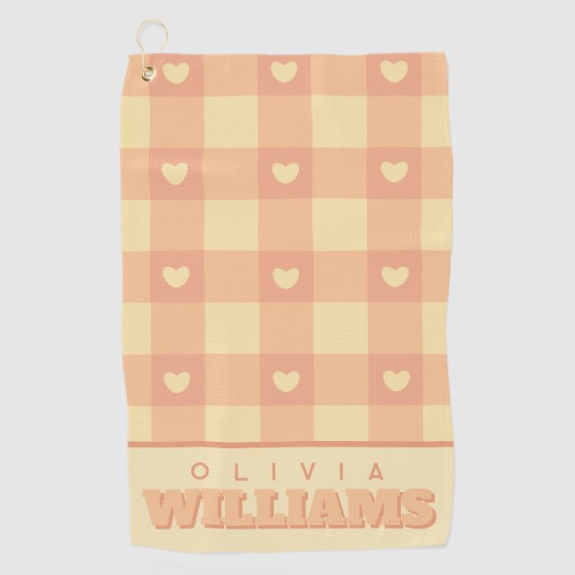 Peach Gingham Heart Pattern, Cute Kawaii Chequered Golf Towel (Front)