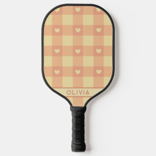 Peach Gingham Heart Pattern, Cute Kawaii Chequered Pickleball Paddle