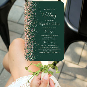 Peach Glitter Edge Emerald Green Wedding Program Hand Fan