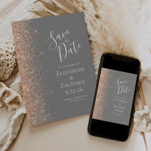 Peach Glitter Edge Grey Save the Date Announcement