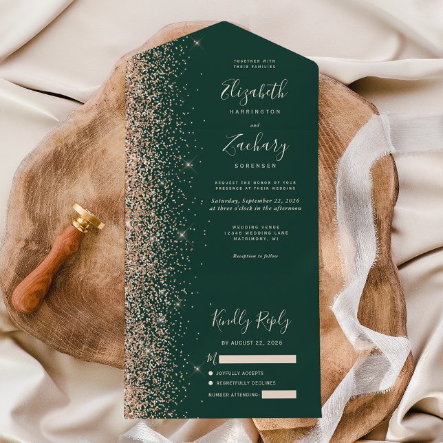 Peach Glitter Emerald Green Wedding All In One Invitation (Creator Uploaded)