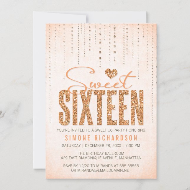 Peach Glitter Look Sweet 16 (Sixteen) Party Invitation (Front)