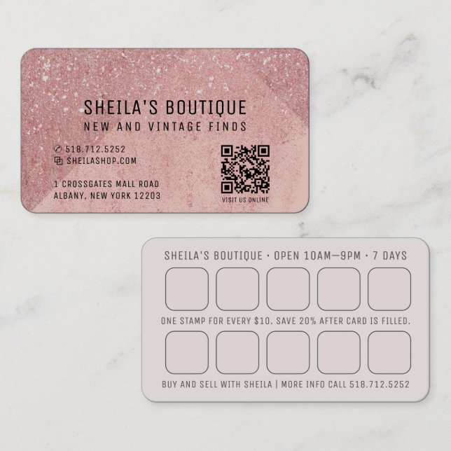 Peach Glitter QR Code and Reward Business Card (Front/Back)