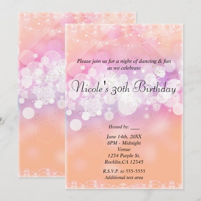 Peach Glow Sparkle Lights Glam Birthday Party Invitation (Front/Back)
