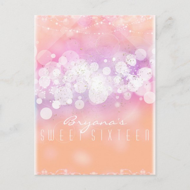 Peach Glow Sparkle Lights Glam Birthday Party Invitation Postcard (Front)