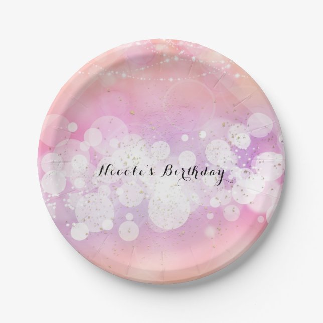 Peach Glow Sparkle Lights Glam Birthday Party Paper Plate (Front)