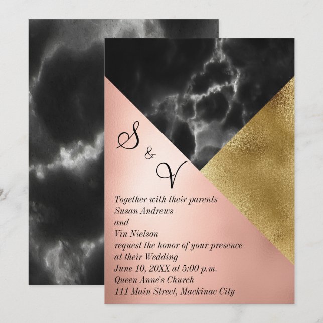 Peach Gold and Black Marble Geometric Invitation (Front/Back)