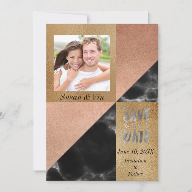 Peach Gold and Black Marble Geometric Save The Date (Front)