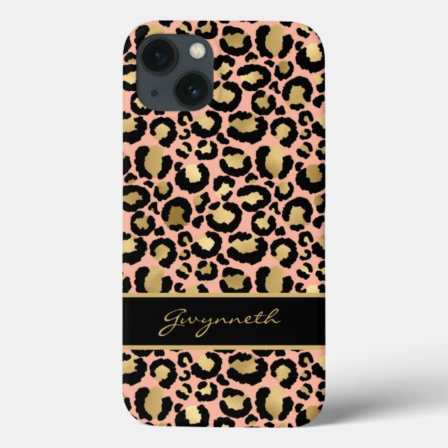 Peach Gold Black Leopard Print with Your Name Case-Mate iPhone Case (Back)