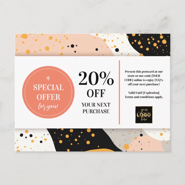 Peach Gold Black Terrazzo Coupon Discount Postcard (Front)