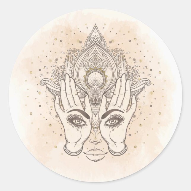Peach & Gold Boho Lotus Flower Beauty Classic Round Sticker (Front)