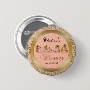 Peach & Gold Damask with Teddy Bears Baby Shower 2 Inch Round Button