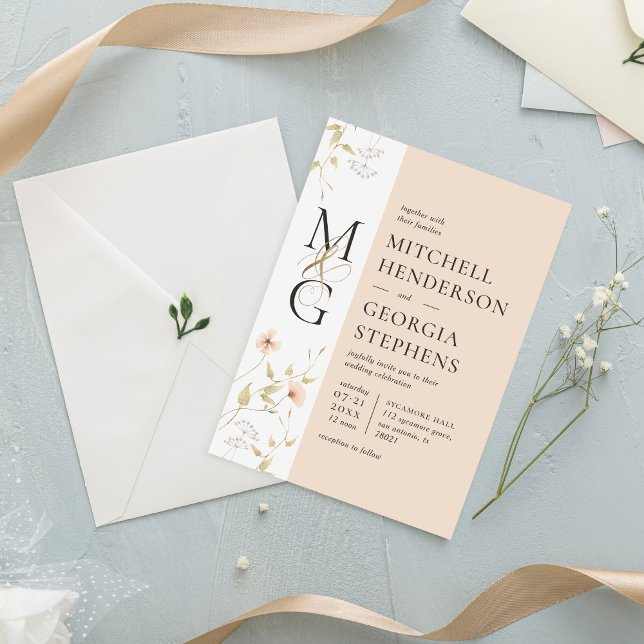 Peach & Gold Delicate Watercolor Flower Wedding Invitation (Creator Uploaded)
