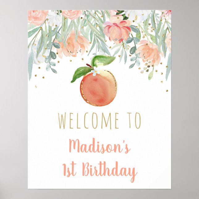 Peach Gold Floral Birthday Welcome Poster (Front)