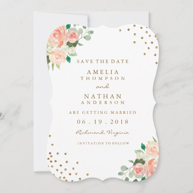 Peach Gold Floral Confetti Wedding Save The Date (Front)