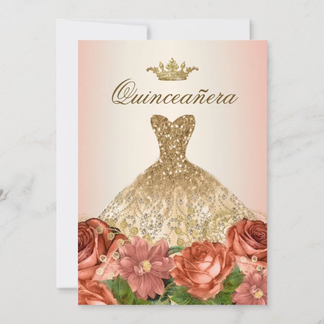 Peach Gold Floral Roses Quinceanera Invitation (Back)
