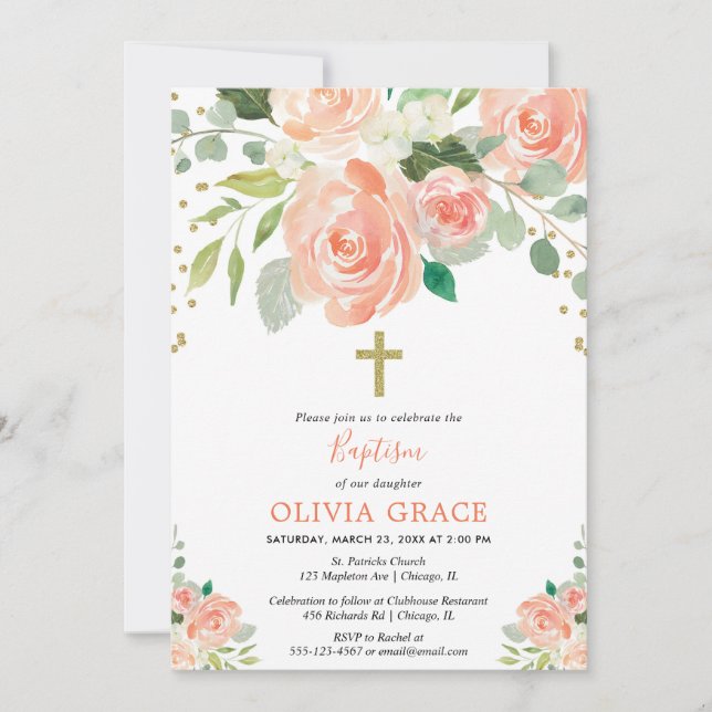 Peach gold floral watercolors baptism girl invitation (Front)