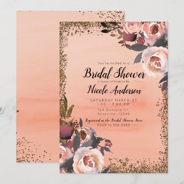 Peach & Gold Glitter Floral Modern Bridal Shower Invitation (Front/Back)