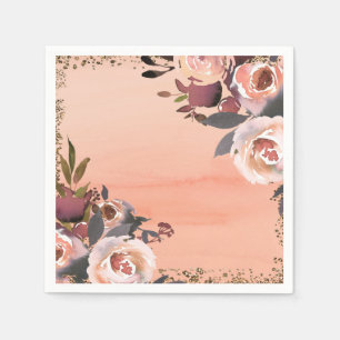 Peach & Gold Glitter Floral Modern Bridal Shower Napkin