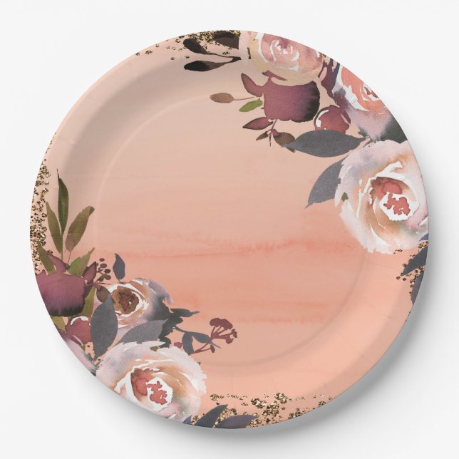 Peach & Gold Glitter Floral Modern Bridal Shower Paper Plate (Front)