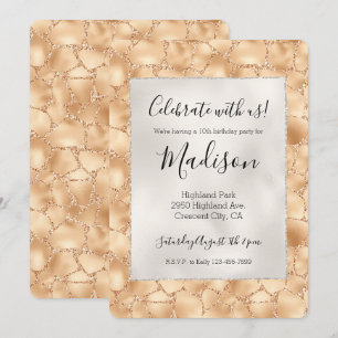 Peach Gold Glitter Glam Sparkle Giraffe Print Invitation