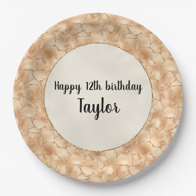 Peach Gold Glitter Glam Sparkle Giraffe Print Paper Plate (Front)