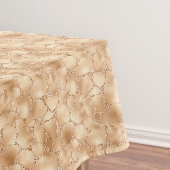 Peach Gold Glitter Glam Sparkle Giraffe Print Tablecloth (In Situ)