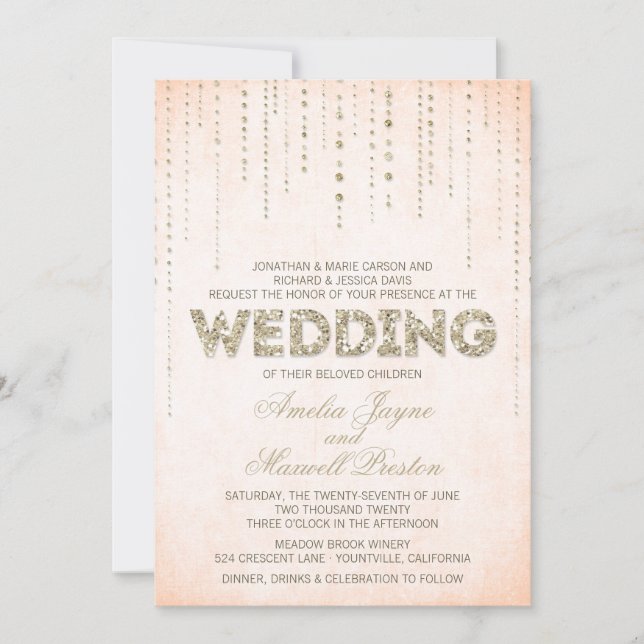 Peach & Gold Glitter Look Wedding Invitation (Front)