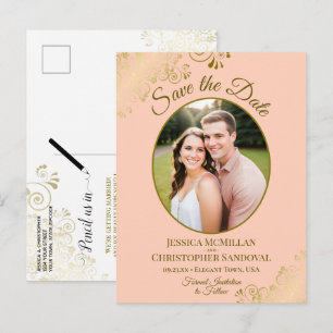 Peach & Gold Posh Wedding Save the Date Oval Photo Announcement Postcard